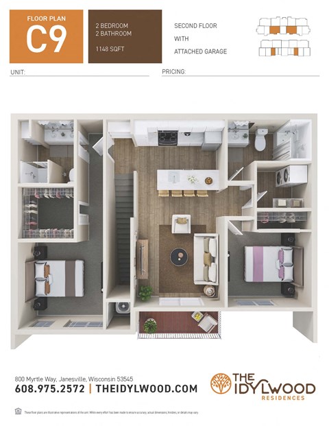 Floor plan for 2 beds, 2 baths, 1148 sqft